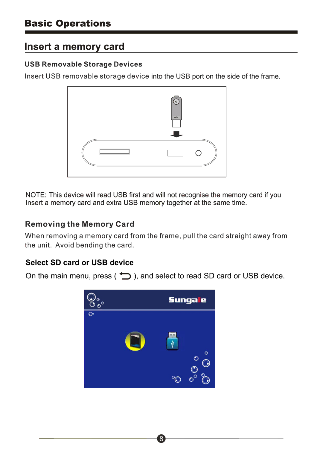 Sungale PF709 manual Select SD card or USB device 