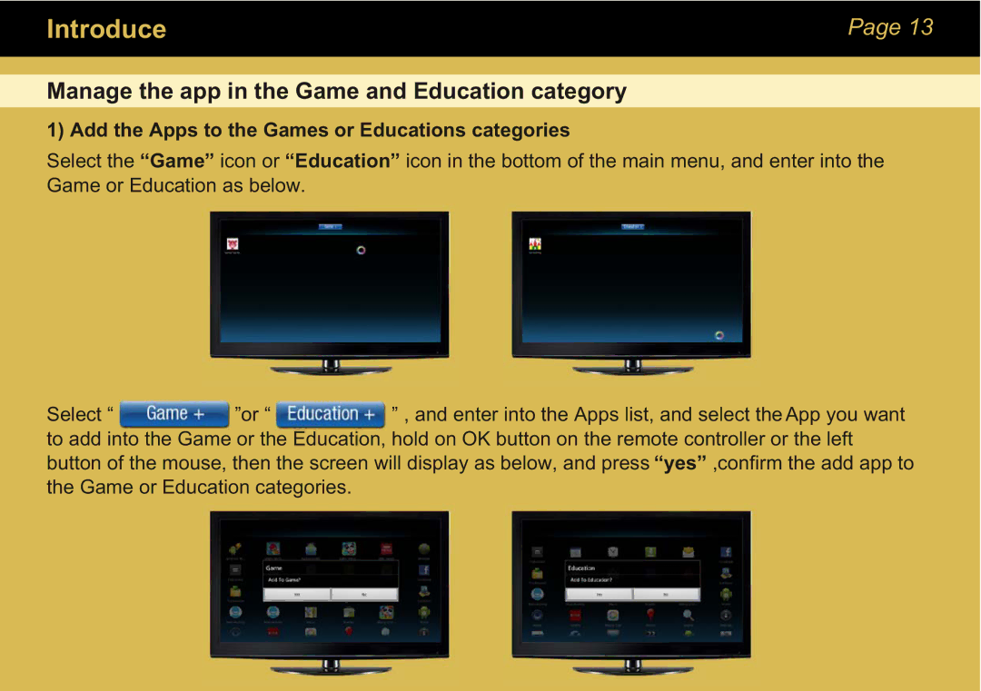 Sungale STB370 manual Manage the app in the Game and Education category, Add the Apps to the Games or Educations categories 