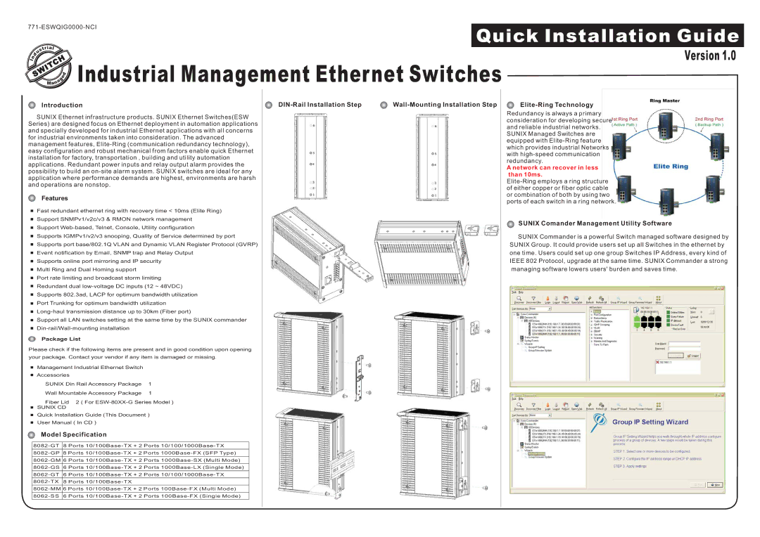 Sunix 8062-TX, 8062-SS, 8062-MM, 8082-GT 8, 8082-GP, ESW-80XX-G, 8062-GT user manual Industrial, Management Ether net Switches 