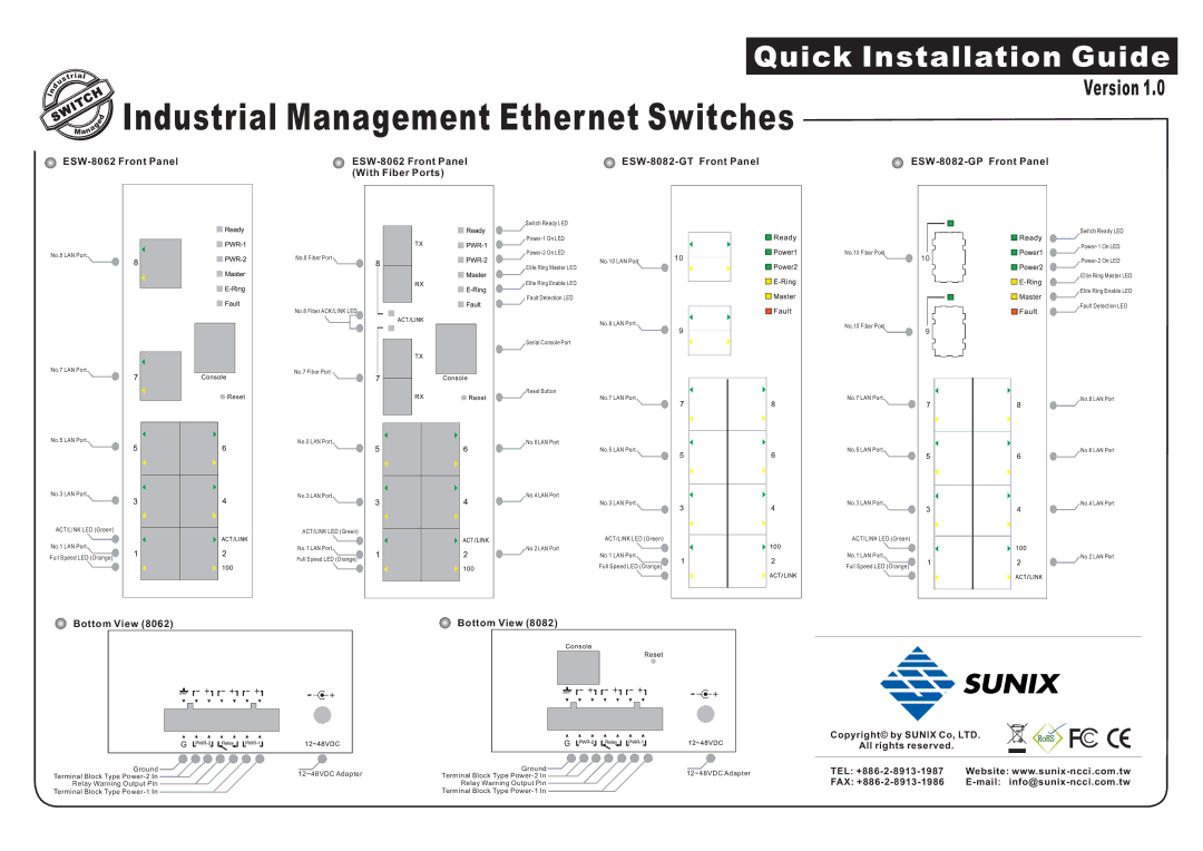 Sunix 8062-MM, 8062-SS, 8062-TX, 8082-GT 8, 8082-GP, ESW-80XX-G, 8062-GT Industrial Management Ether net Switches, Bottom View 