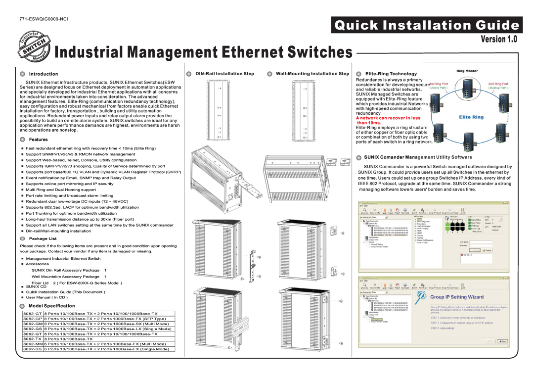Sunix 8062-TX, 8062-SS, 8062-MM user manual Quick Installation Guide, Industrial, Management Ether net Switches, Version 