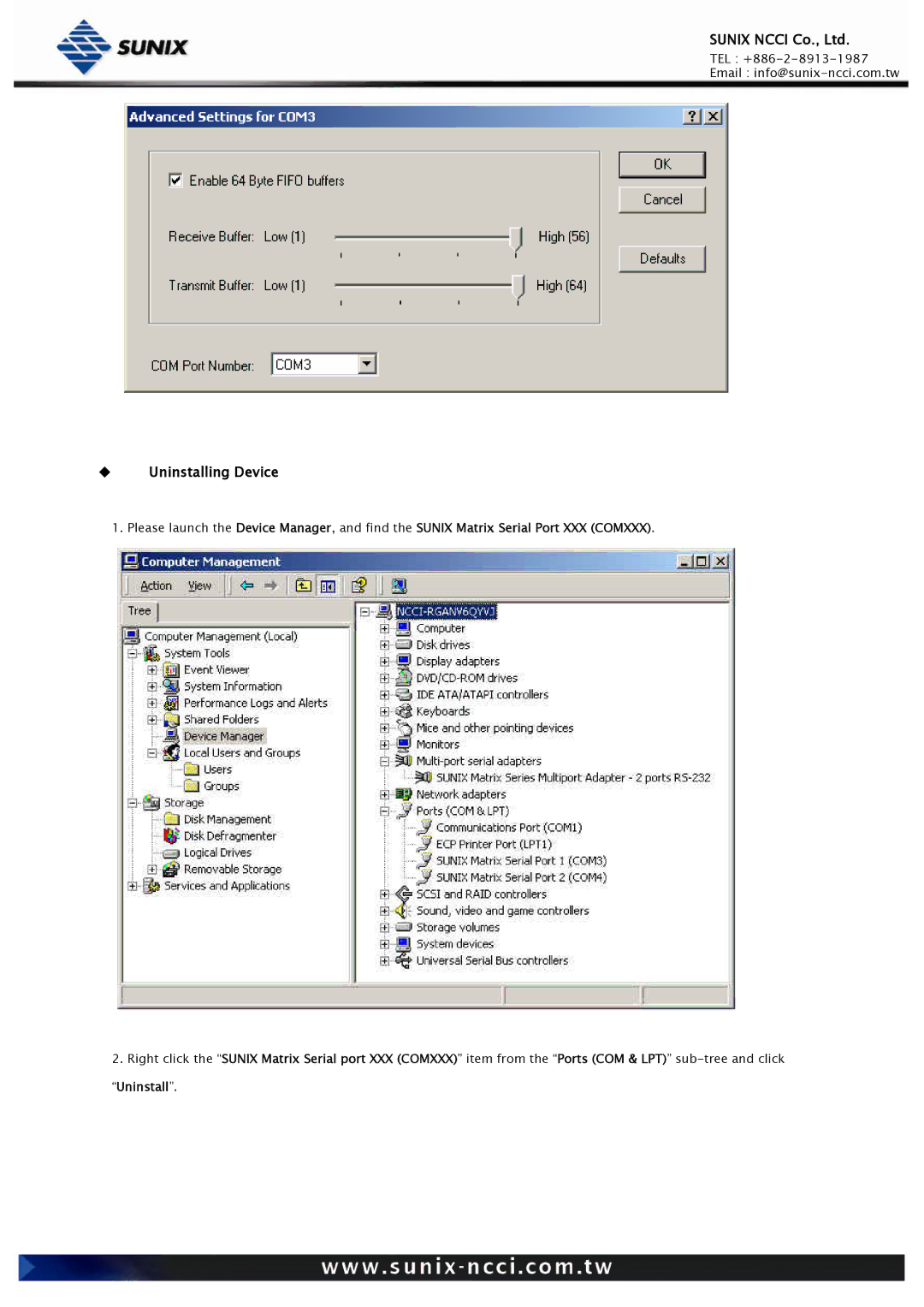 Sunix RS-232/422/485, Universal PCI/PCI Express Industrial Multiport Serial Cards user manual ‹ Uninstalling Device 