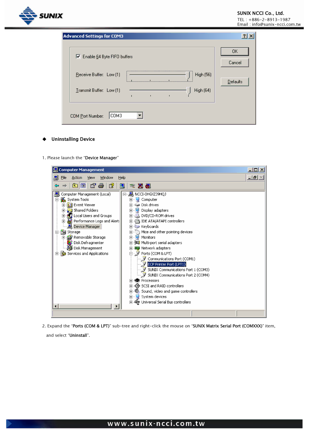 Sunix RS-232/422/485, Universal PCI/PCI Express Industrial Multiport Serial Cards user manual ‹ Uninstalling Device 