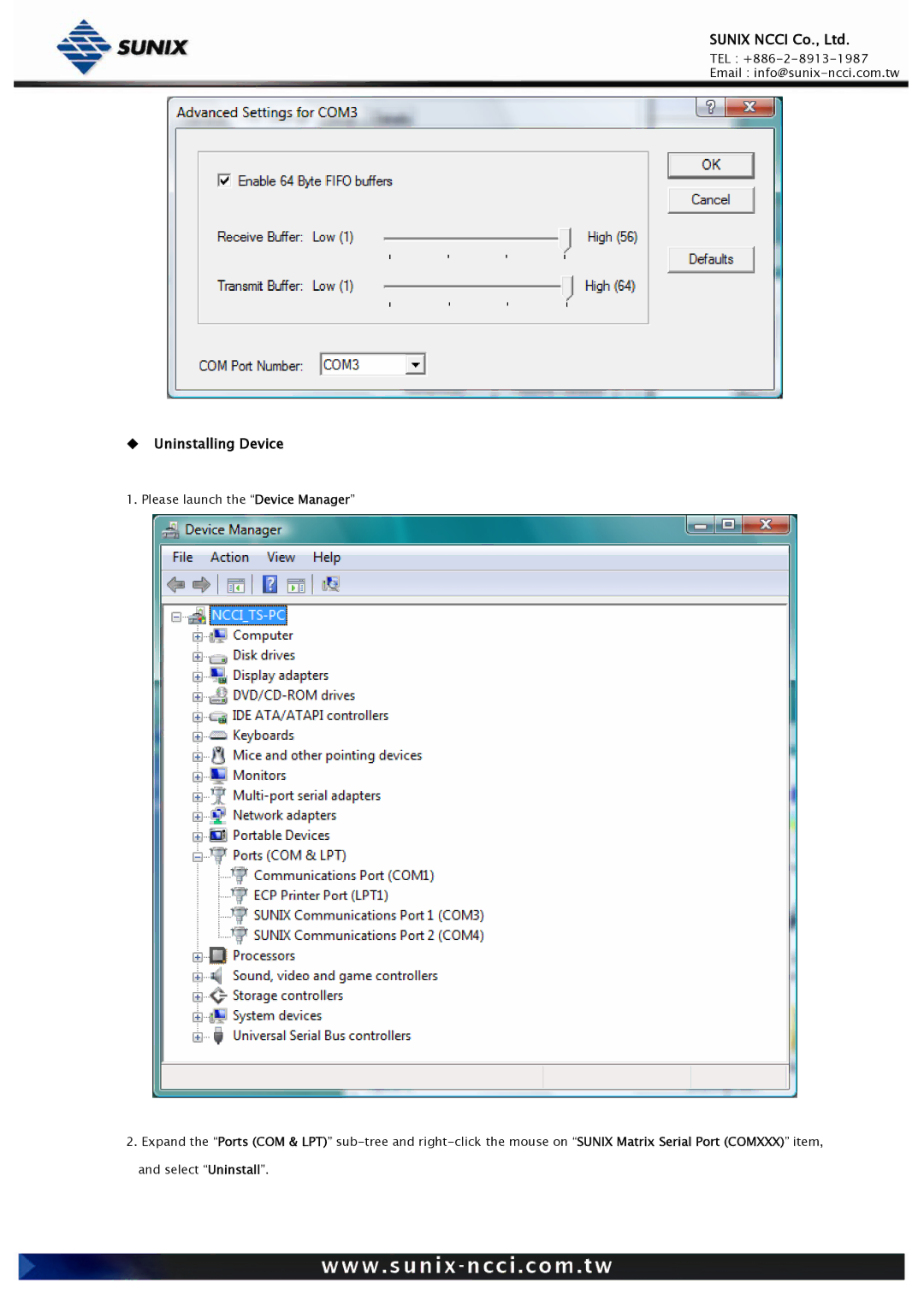 Sunix Universal PCI/PCI Express Industrial Multiport Serial Cards, RS-232/422/485 user manual ‹ Uninstalling Device 