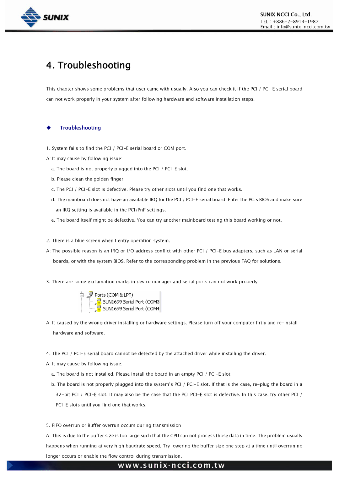 Sunix Universal PCI/PCI Express Industrial Multiport Serial Cards, RS-232/422/485 user manual Troubleshooting 