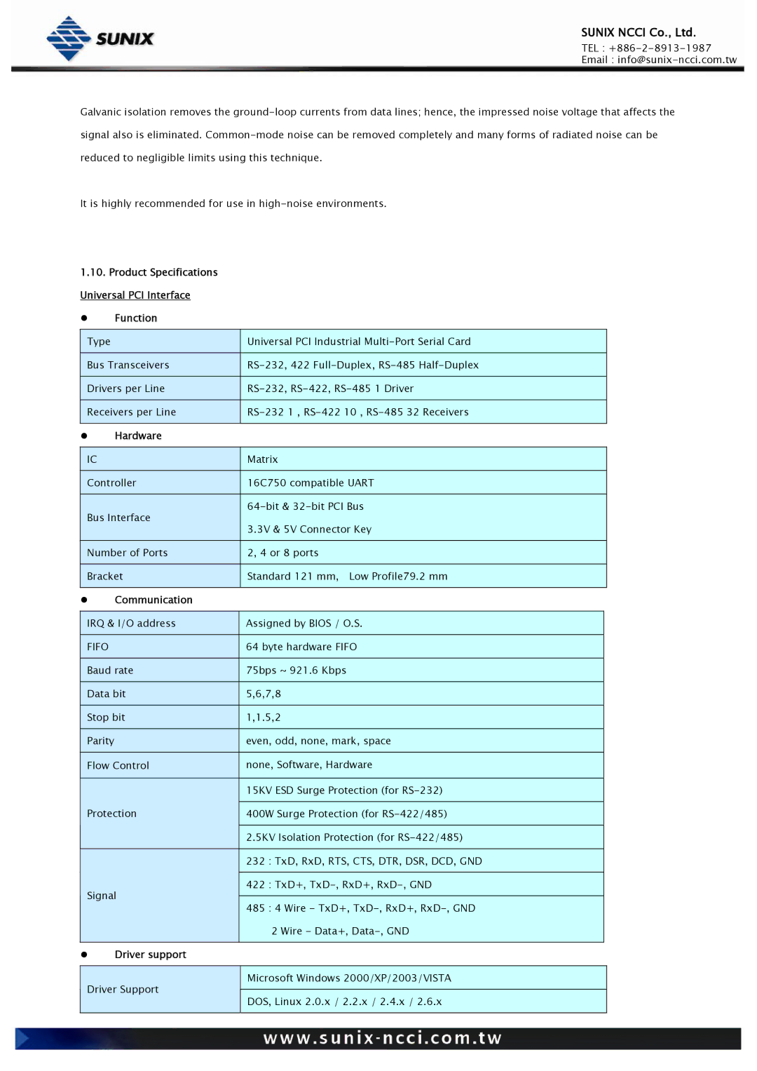 Sunix RS-232/422/485 user manual Product Specifications Universal PCI Interface Function 