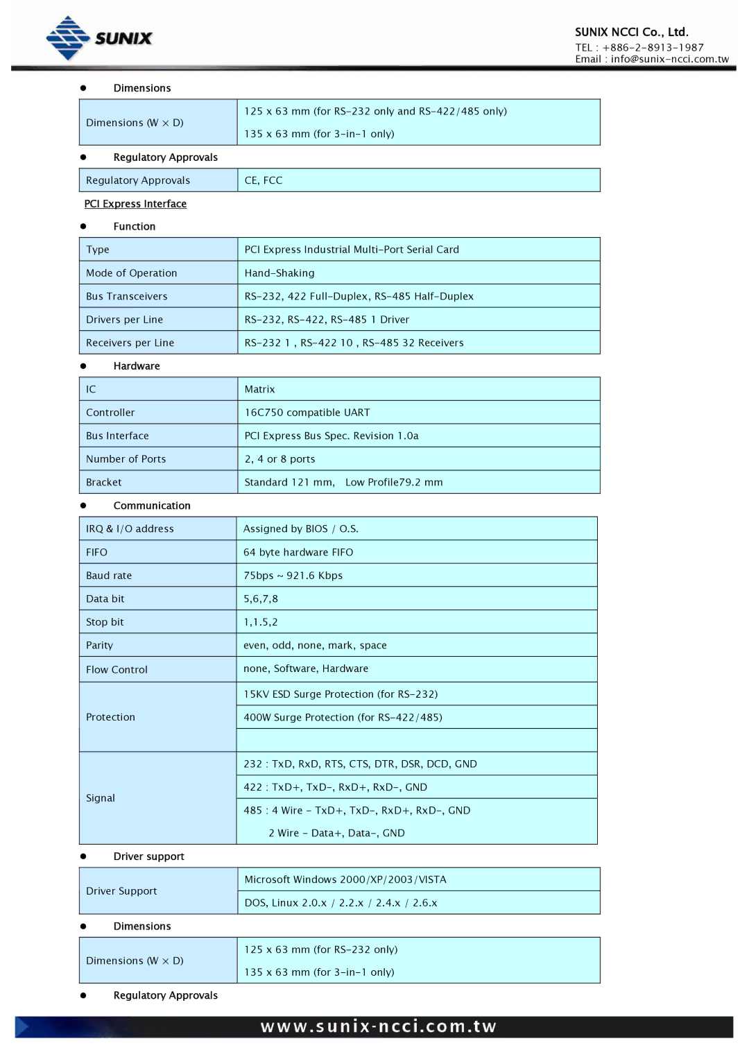 Sunix Universal PCI/PCI Express Industrial Multiport Serial Cards, RS-232/422/485 user manual Regulatory Approvals 