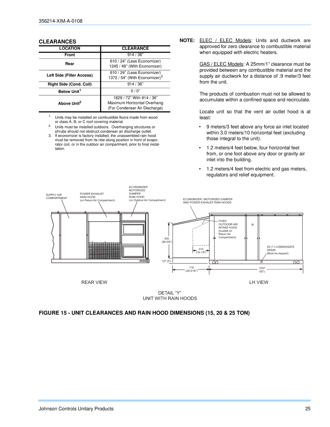 Sunlife Enterprises DM240, DM300, DM180 installation manual Unit Clearances and Rain Hood Dimensions 15, 20 & 25 TON 