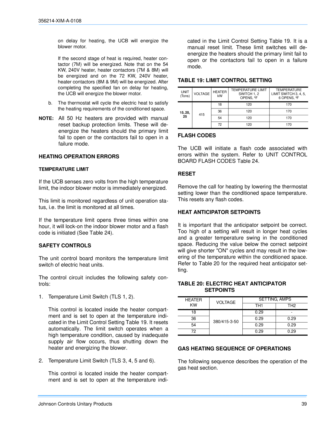 Sunlife Enterprises DM300, DM240, DM180 Heating Operation Errors, Limit Control Setting, Heat Anticipator Setpoints 