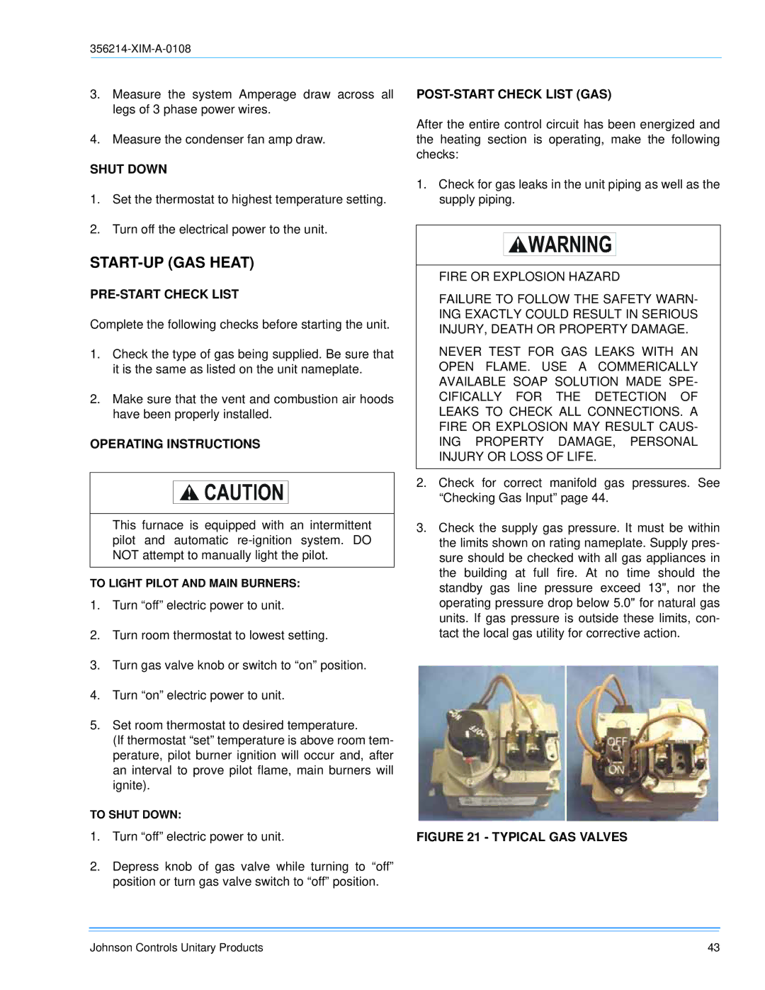 Sunlife Enterprises DM240, DM300, DM180 START-UP GAS Heat, Shut Down, PRE-START Check List, POST-START Check List GAS 