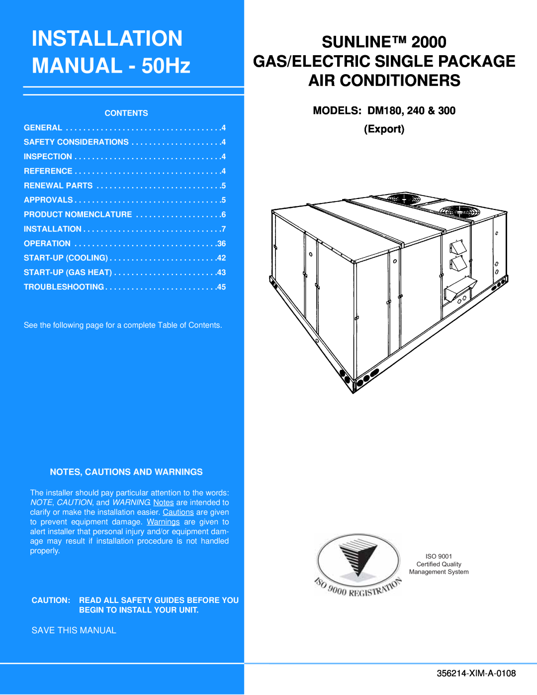 Sunlife Enterprises DM240 installation manual MODELS DM180, 240 & Export, INSTALLATION MANUAL - 50Hz, Air Conditioners 
