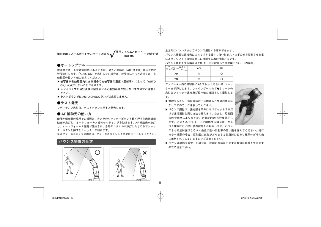 Sunpak PZ40X owner manual バウンス撮影の仕方, オートシグナル, テスト発光, Af 補助光の使い方 