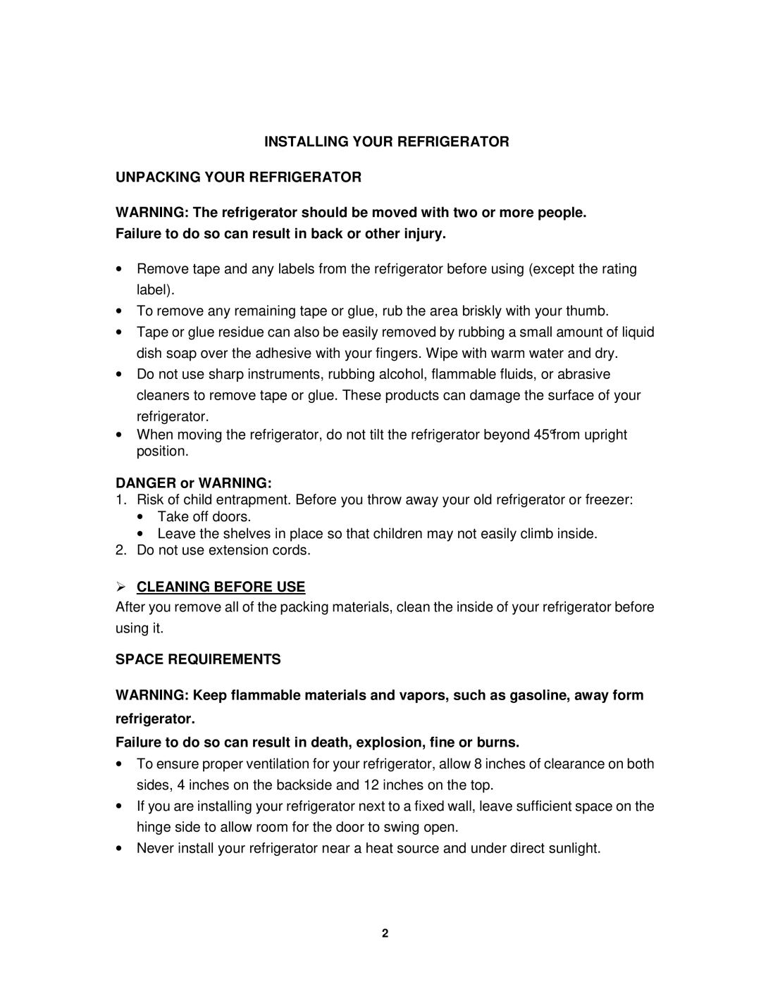 Sunpentown Intl RF-322W Installing Your Refrigerator Unpacking Your Refrigerator, Cleaning Before USE, Space Requirements 