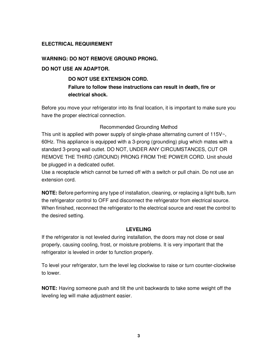 Sunpentown Intl RF-322W user manual Leveling 