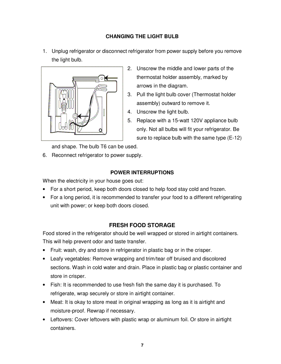 Sunpentown Intl RF-322W user manual Changing the Light Bulb, Power Interruptions 