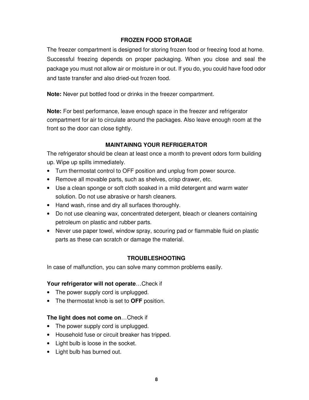 Sunpentown Intl RF-322W user manual Frozen Food Storage, Maintainng Your Refrigerator, Troubleshooting 