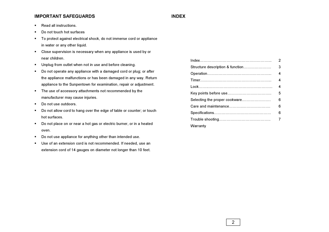 Sunpentown Intl RR-9215 instruction manual Important Safeguards Index 