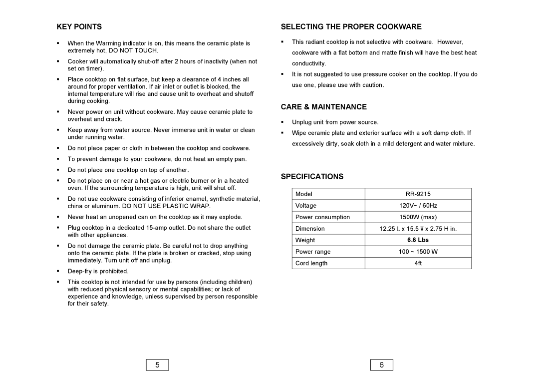 Sunpentown Intl RR-9215 instruction manual KEY Points, Selecting the Proper Cookware, Care & Maintenance, Specifications 