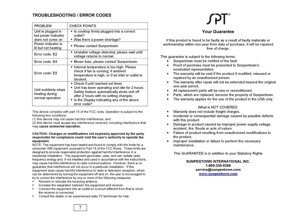 Sunpentown Intl RR-9215 instruction manual Troubleshooting / Error Codes, Problem Check Points 