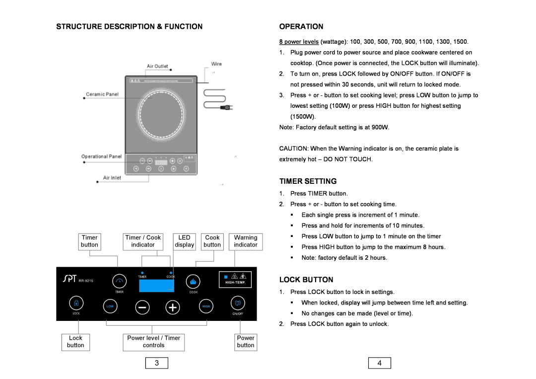Sunpentown Intl RR-9215 instruction manual Structure Description & Function, Operation, Timer Setting, Lock Button 