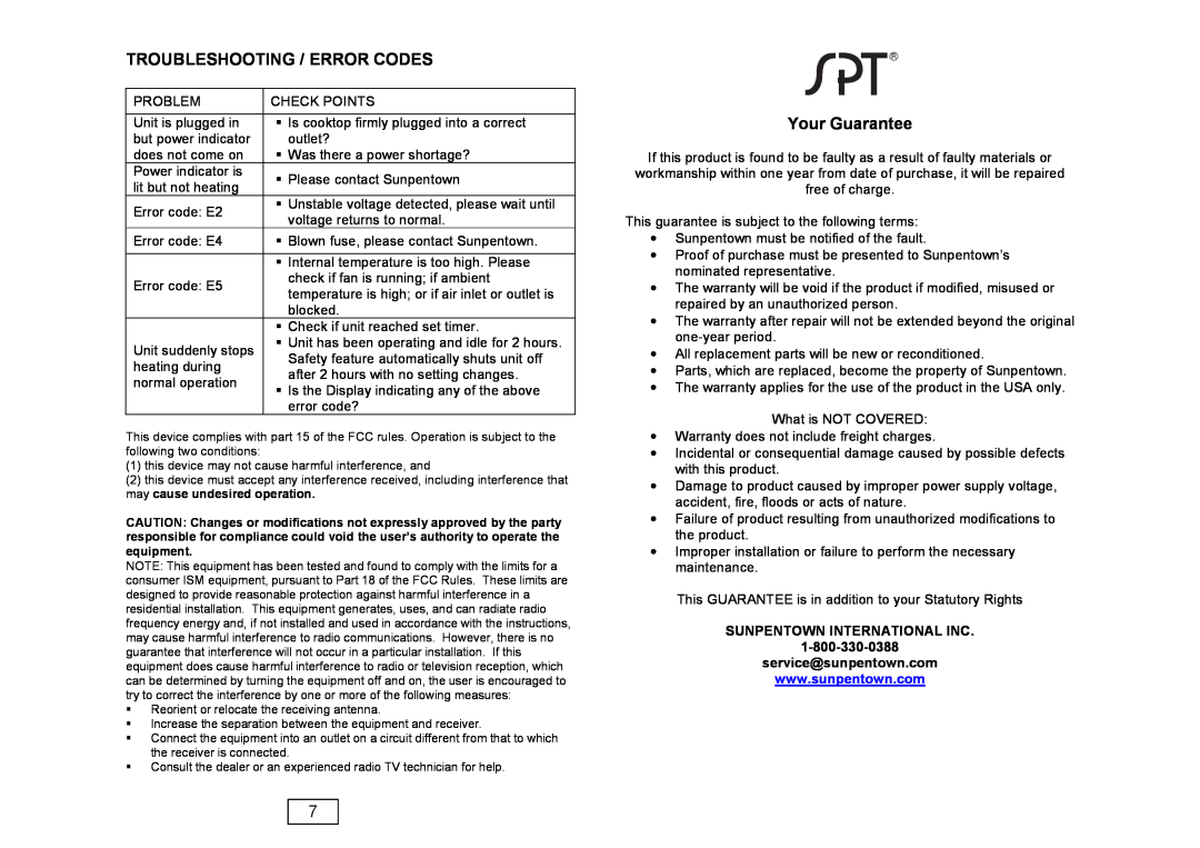 Sunpentown Intl RR-9215 instruction manual Troubleshooting / Error Codes, Your Guarantee 