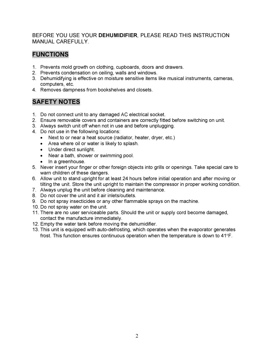 Sunpentown Intl SD 30E, 40E, AND 60E manual Functions, Safety Notes 