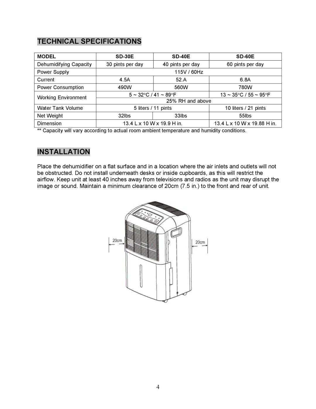 Sunpentown Intl AND 60E, SD 30E, 40E manual Technical Specifications, Installation 