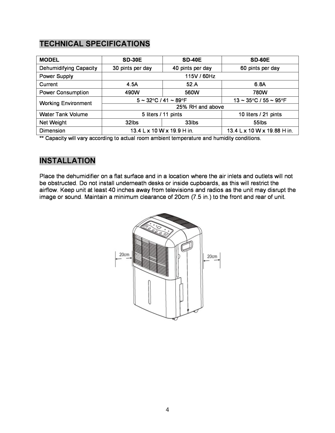 Sunpentown Intl AND 60E, SD 30E, 40E manual Technical Specifications, Installation 