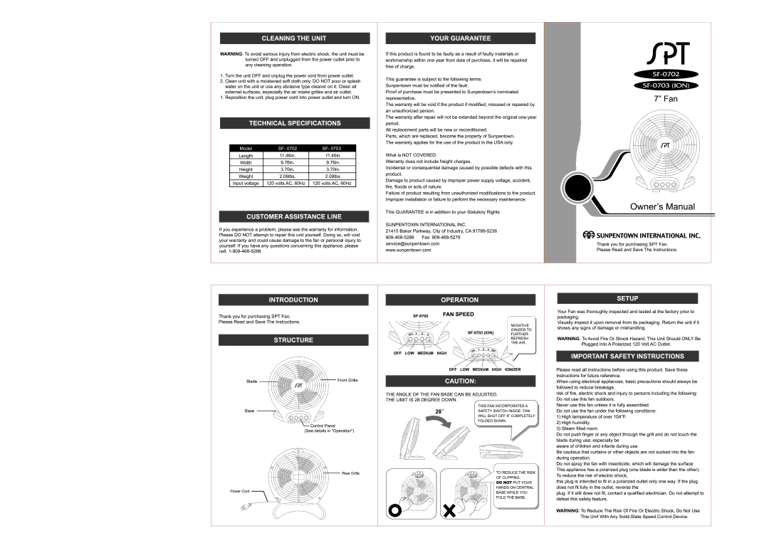 Sunpentown Intl SF-0702, SF-0703 (ION) manual 