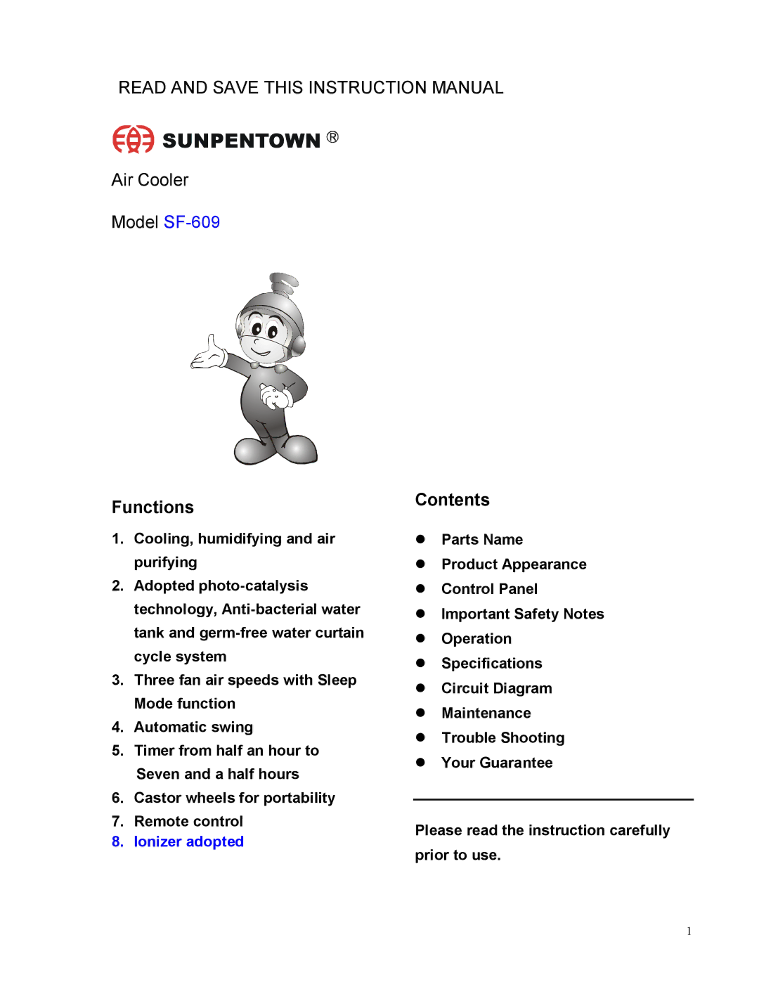 Sunpentown Intl instruction manual Air Cooler Model SF-609 Functions, Contents 