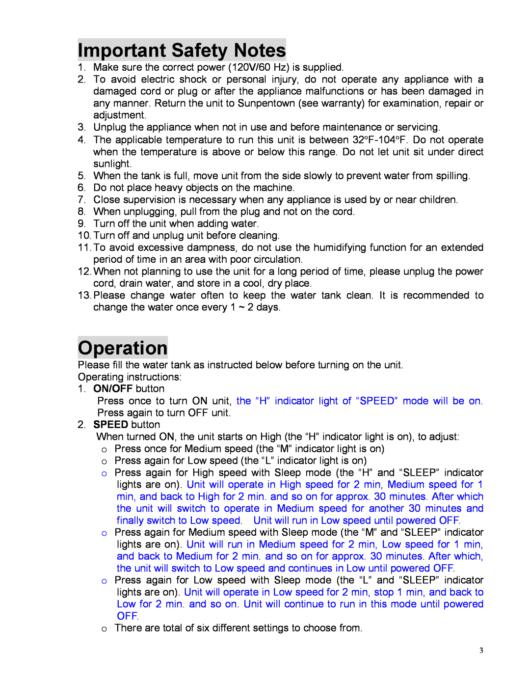 Sunpentown Intl SF-609 instruction manual Important Safety Notes, Operation 