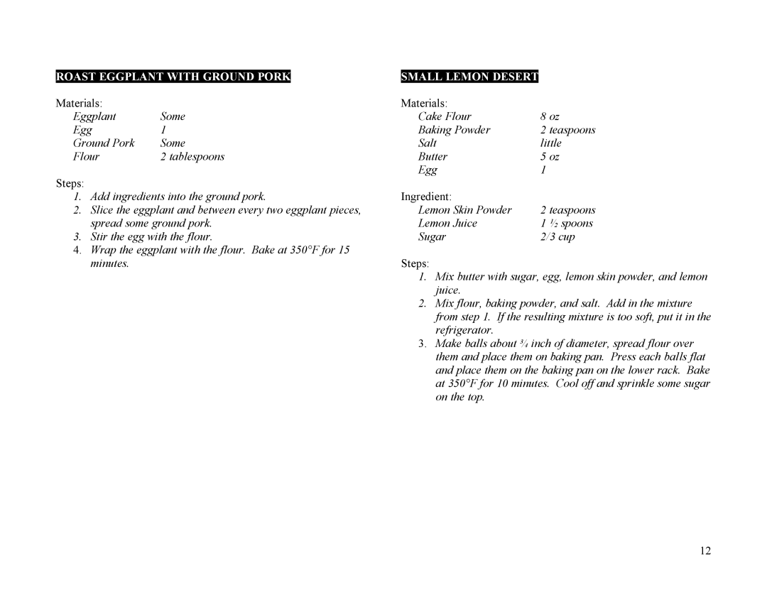 Sunpentown Intl SO-2000 manual Roast Eggplant with Ground Pork Small Lemon Desert, Juice, Refrigerator 