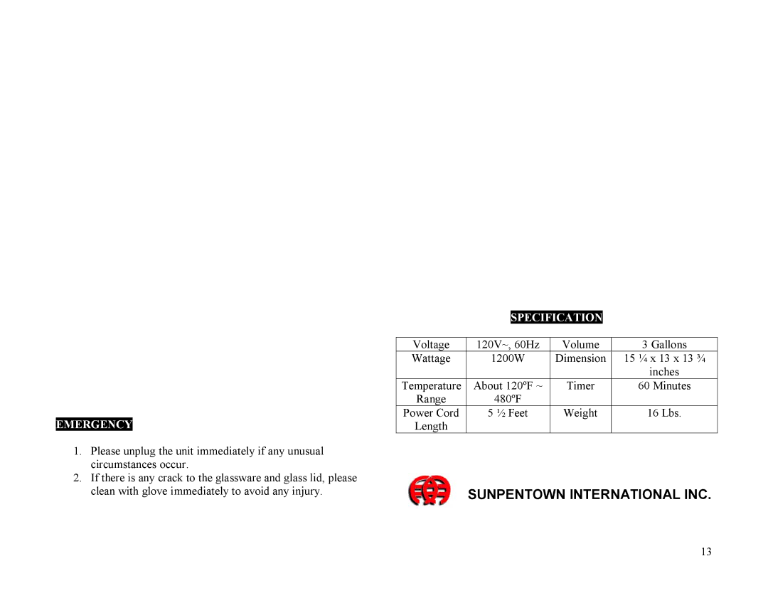 Sunpentown Intl SO-2000 manual Gallons, Range, Emergency 