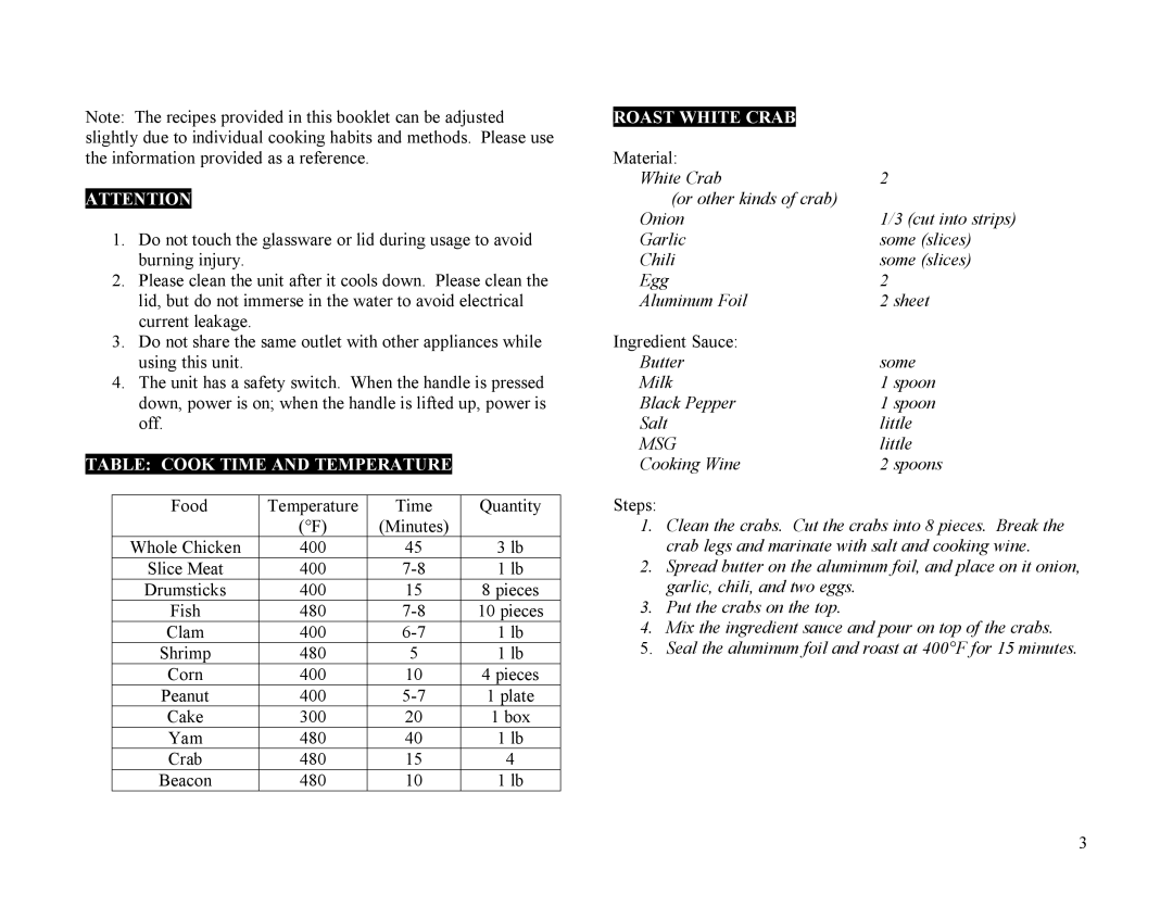 Sunpentown Intl SO-2000 manual Cook Time and Temperature 