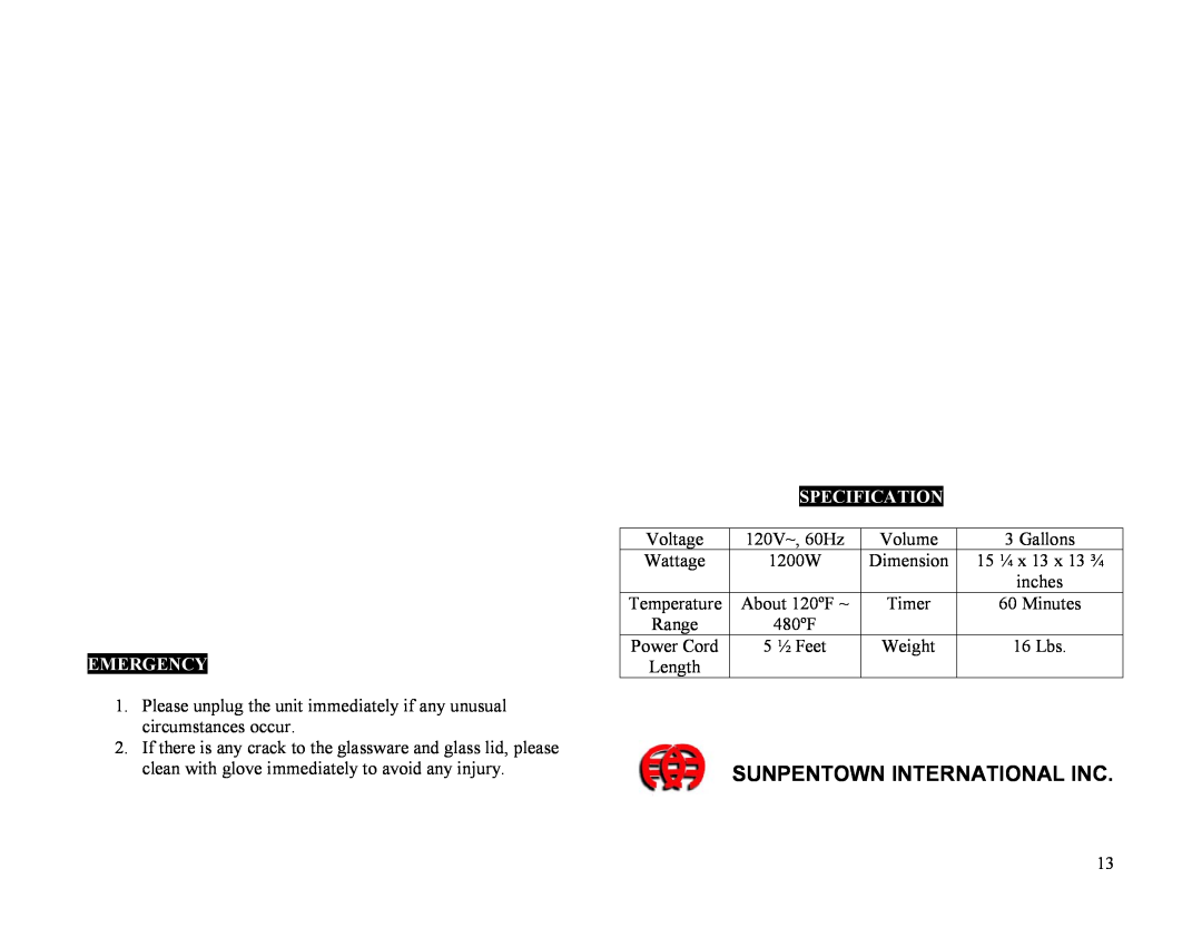 Sunpentown Intl SO-2000 manual Emergency, Sunpentown International Inc, Specification 