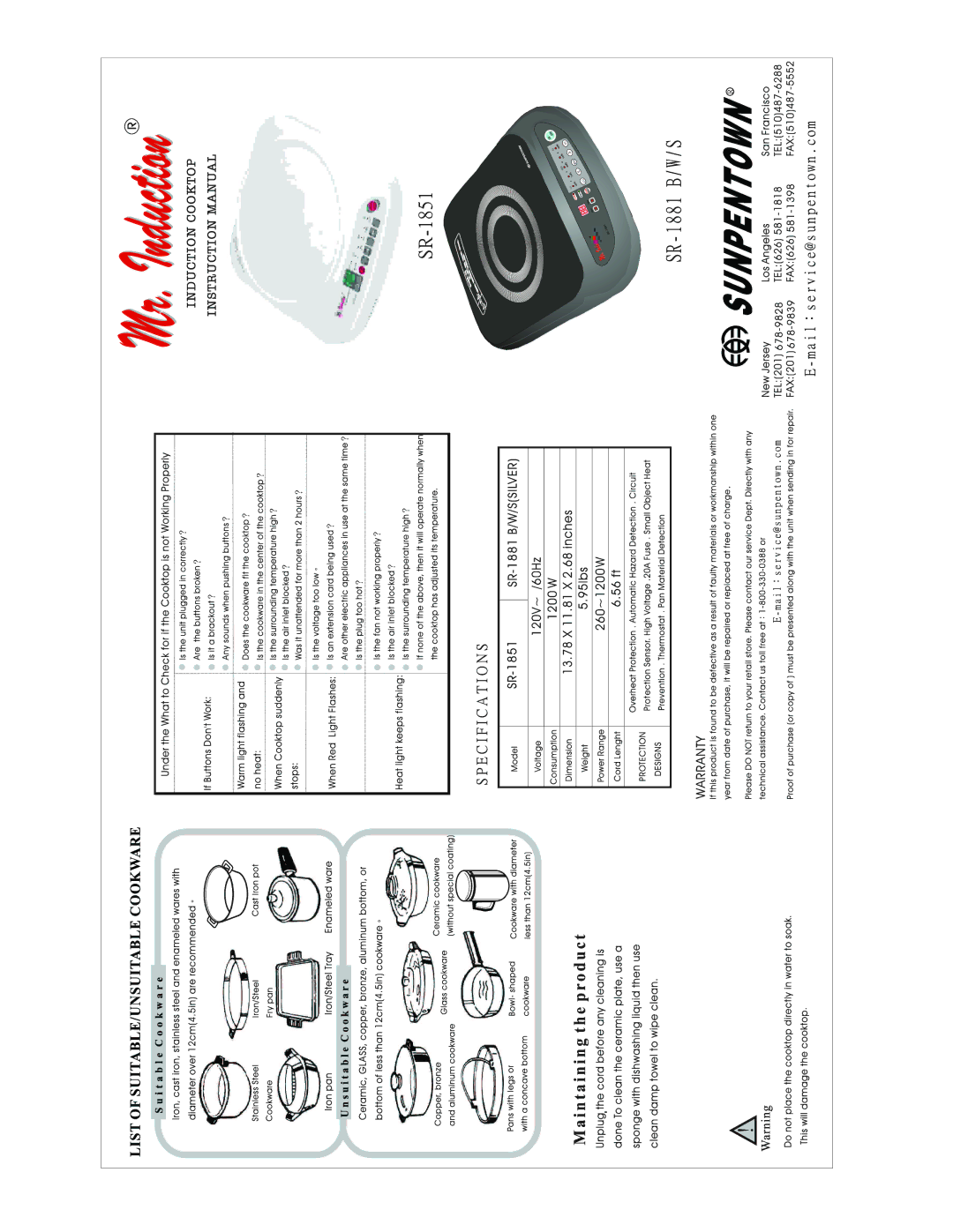 Sunpentown Intl SR-1881, SR-1851 manual 