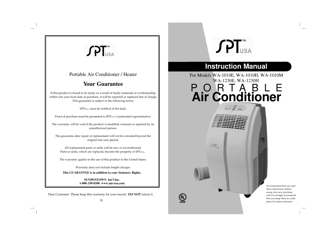 Sunpentown Intl WA-1010E, WA-1230H, WA-1230E instruction manual Air Conditioner 