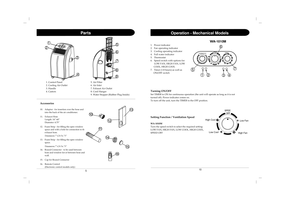 Sunpentown Intl WA-1230H, WA-1010E, WA-1230E instruction manual Parts, Operation Mechanical Models 