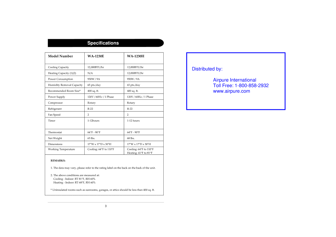 Sunpentown Intl WA-1230E, WA-1230H, WA-1010E instruction manual Distributed by Airpure International Toll Free 