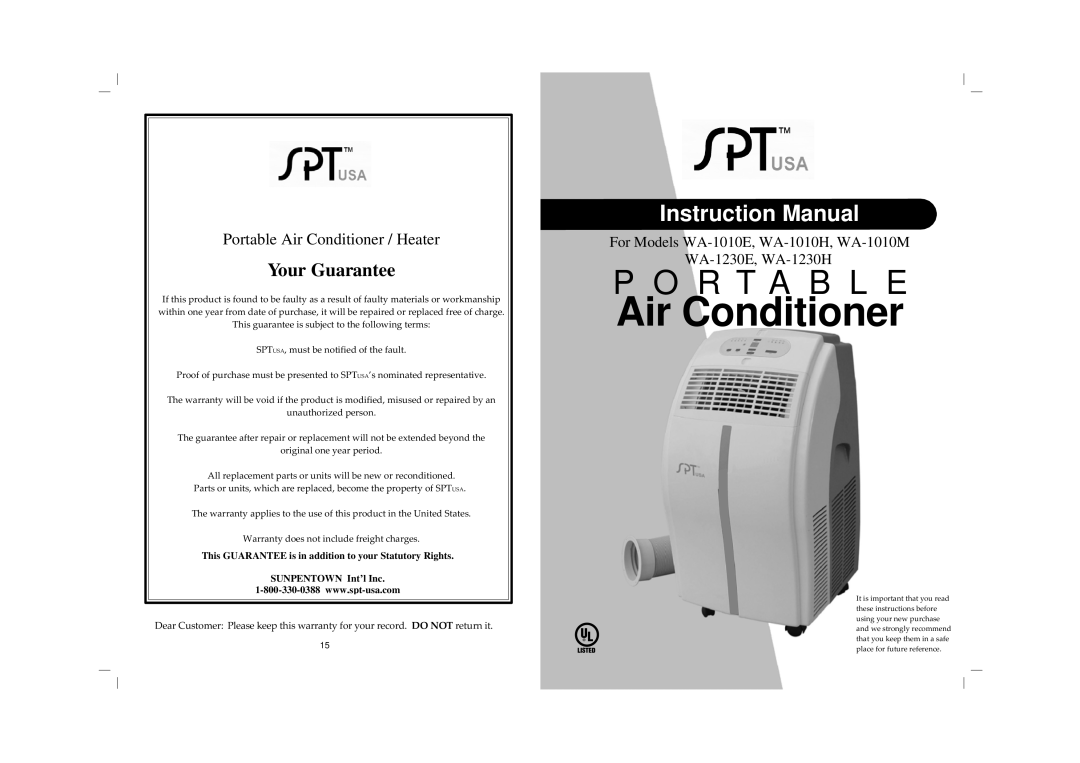 Sunpentown Intl WA-1010E instruction manual Air Conditioner, P O R T A B L E, Your Guarantee, WA-1230E, WA-1230H 