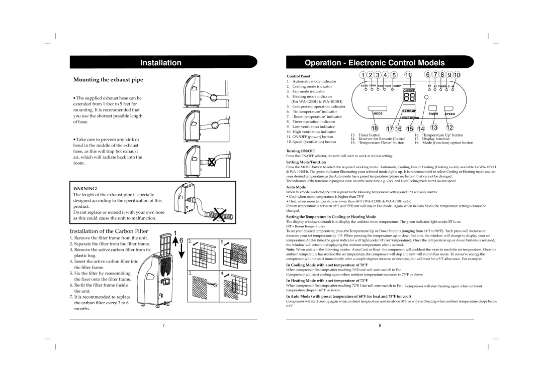 Sunpentown Intl WA-1230E, WA-1230H, WA-1010E instruction manual Mounting the exhaust pipe, Installation of the Carbon Filter 