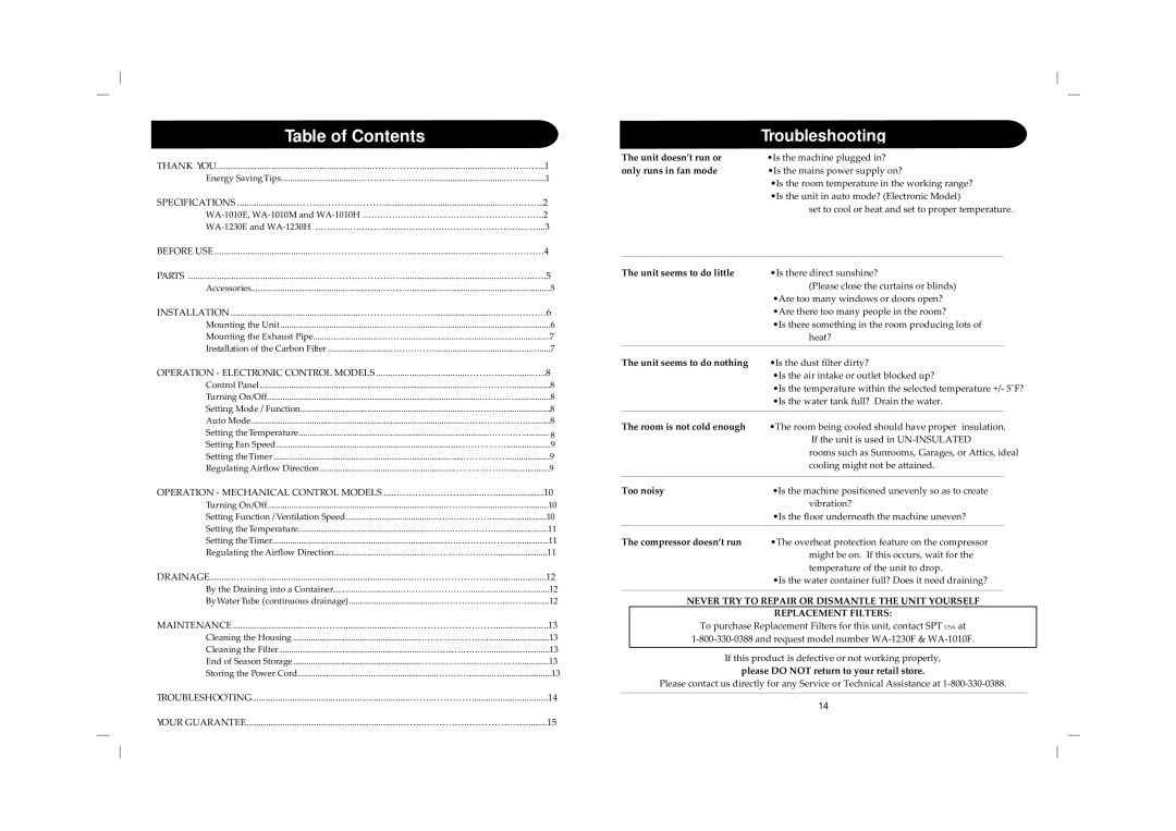 Sunpentown Intl WA-1230H, WA-1010E, WA-1230E instruction manual Table of Contents, Troubleshooting 