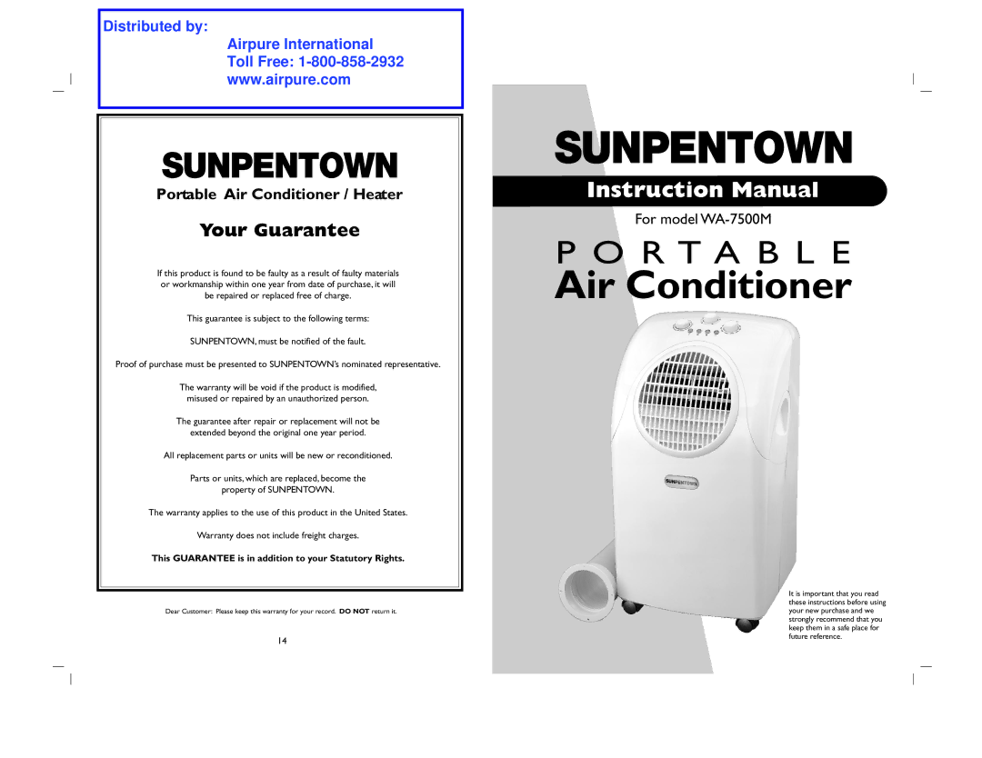 Sunpentown Intl WA-7500M instruction manual Air Conditioner 