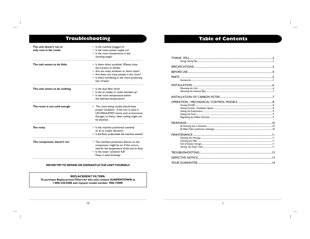 Sunpentown Intl WA-7500M instruction manual Troubleshooting, Table of Contents 