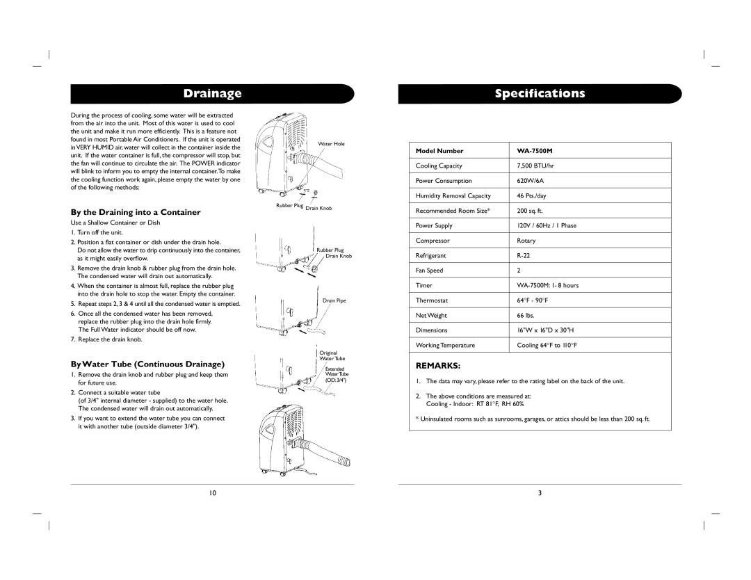 Sunpentown Intl WA-7500M Specifications, By the Draining into a Container, By Water Tube Continuous Drainage 