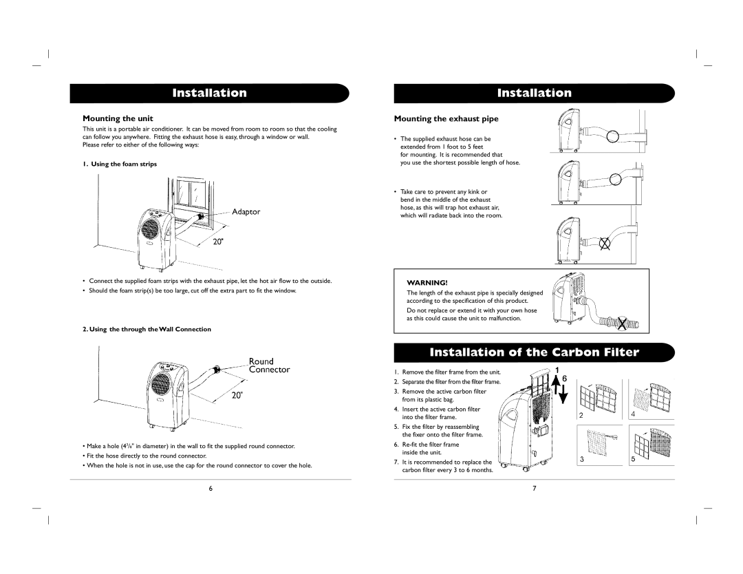 Sunpentown Intl WA-7500M Installation of the Carbon Filter, Mounting the unit, Mounting the exhaust pipe 