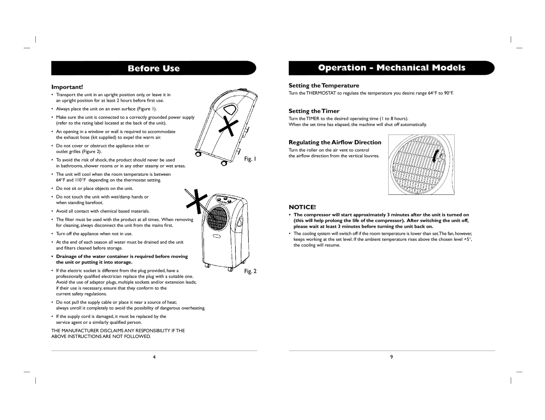 Sunpentown Intl WA-7500M Before Use, Setting the Temperature, Setting the Timer, Regulating the Airflow Direction 