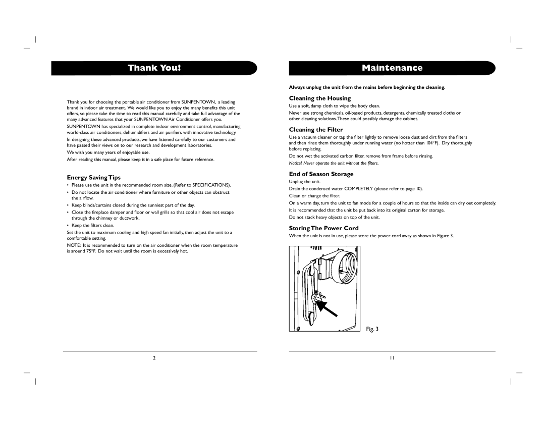 Sunpentown Intl WA-7500M instruction manual Thank You, Maintenance 