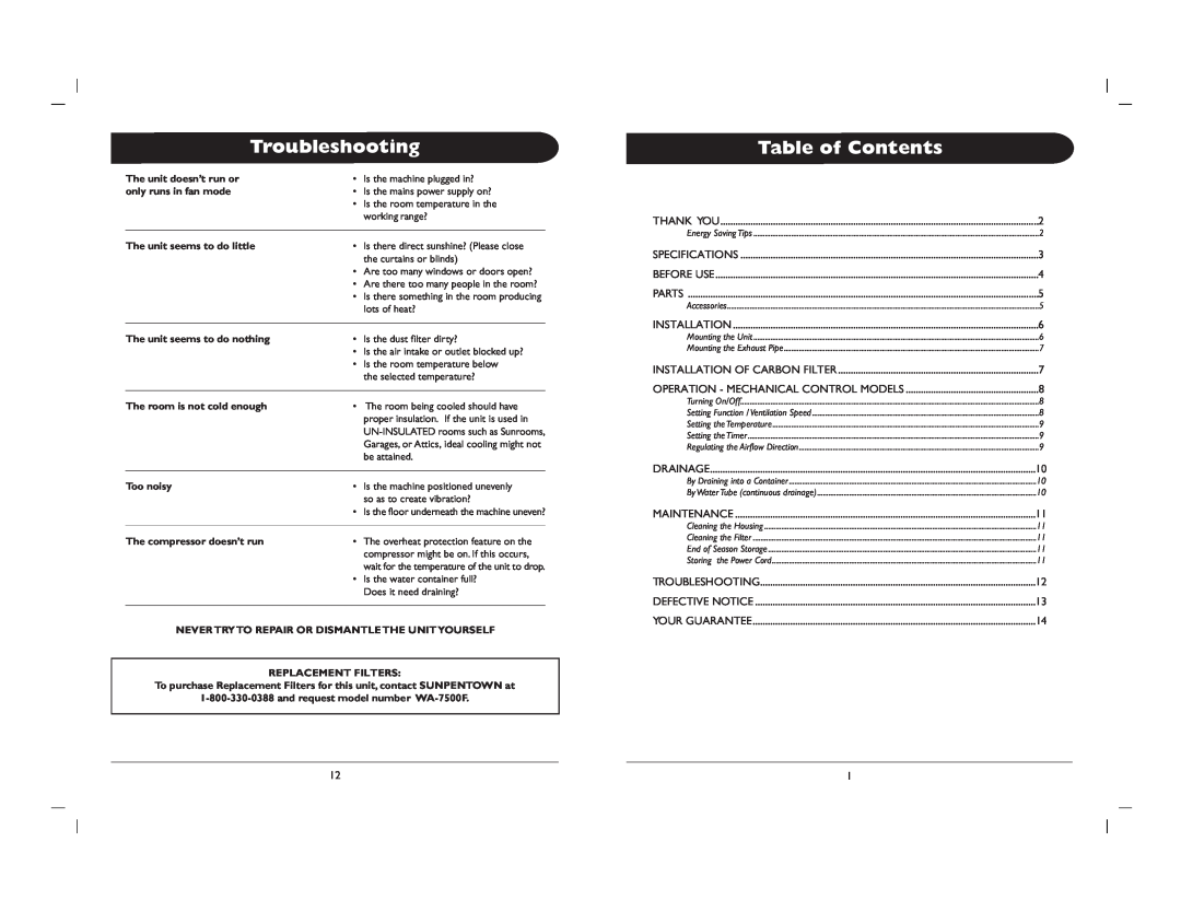 Sunpentown Intl WA-7500M instruction manual Troubleshooting, Table of Contents 