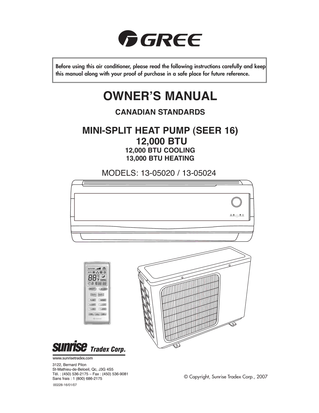 Sunrise Global 13-05020, 13-05024 owner manual MINI-SPLIT Heat Pump Seer 